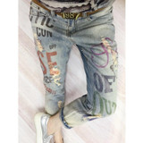Boyfriend Casual Women Fashion letters printed Bronzing Jeans Lady Fashion Hole Pencil Denim Pants Woman Skinny Ripped Trousers