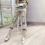 Boyfriend Casual Women Fashion letters printed Bronzing Jeans Lady Fashion Hole Pencil Denim Pants Woman Skinny Ripped Trousers