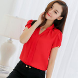 BIBOYAMALL Women Blouse Summer Shirt Short Sleeve V-Neck Fashion Body Blouses White Red Pink Blue Female Clothing Korean Tops