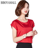BIBOYAMALL Women Blouse Fashion 2017 Summer Chiffon Blouse Plus Size Short Sleeve Casual Shirt Tops Blusa Feminina Blue Red Pink