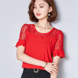 BIBOYAMALL Women Blouse Fashion 2017 Summer Chiffon Blouse Plus Size Short Sleeve Casual Lace Shirt Tops O-neck Loose Blusa Red