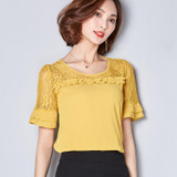BIBOYAMALL Women Blouse Fashion 2017 Summer Chiffon Blouse Plus Size Short Sleeve Casual Lace Shirt Tops O-neck Loose Blusa Red