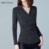 BIBOYAMALL Women Blouse 2017 Autumn Casual V-neck Long Sleeve Slim Sequins Shirts Women's Blusa Fashion Office Career Blouses