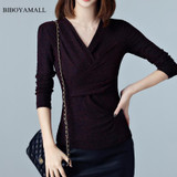 BIBOYAMALL Women Blouse 2017 Autumn Casual V-neck Long Sleeve Slim Sequins Shirts Women's Blusa Fashion Office Career Blouses