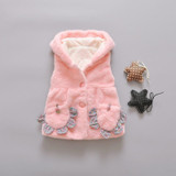 2017 Autumn Winter Pink White Warm Hooded Infant Baby Girls Fur Vest With Flowers Pockets Girl Waistcoat Child Outerwear JW6166