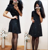 2017 Autumn Winter New Fashion Style Women Casual Beading Short Dresses Autumn Elegant Solid Color O-neck A-Line Mini Dress