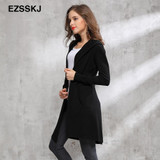 2017 Autumn winter long black hooded jacket coat sweater Cardigan women Outwear long sleeve knitted trench female coat femme