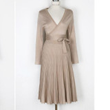 2017 Autumn Winter European Women Dress New Sexy Silm Long Sleeve V-Neck Party dresses Fashion Solid Dropped Pleated Dress women