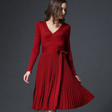 2017 Autumn Winter European Women Dress New Sexy Silm Long Sleeve V-Neck Party dresses Fashion Solid Dropped Pleated Dress women