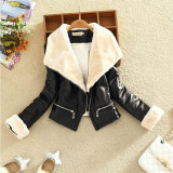 2017 Autumn Winter Coat Women New Brand Leather Jackets Pu Black Women Coat and Jacket Side Zipper Faux Fur Collar Lapel Coat
