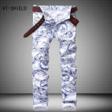 3D spray Printed Jeans Men Fashion White Denim vaqueros hombre Brand Skinny Elastic pencil jeans Pantalones Casual Men Clothing