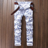 3D spray Printed Jeans Men Fashion White Denim vaqueros hombre Brand Skinny Elastic pencil jeans Pantalones Casual Men Clothing