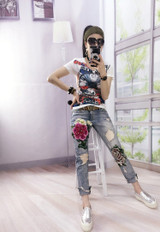 3D Flowers Embroidery Women Denim Jeans Flower Skinny Jeans Pencil Pants With Embroidered Flares Lady Ripped Trousers A151