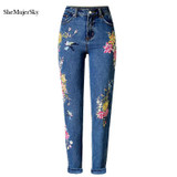 3D Embroidery High Waist Jeans Women 2017 Fashion Straight Denim Embroidered Jeans Woman Pants