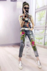 3D Colored Flower Flare Decorated Embroidered Jeans Female Pencil Stretch Denim Pants Slim Skinny Trousers Jeans Women