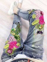 3D Colored Flower Flare Decorated Embroidered Jeans Female Pencil Stretch Denim Pants Slim Skinny Trousers Jeans Women