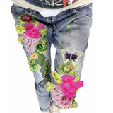 3D Colored Flower Flare Decorated Embroidered Jeans Female Pencil Stretch Denim Pants Slim Skinny Trousers Jeans Women