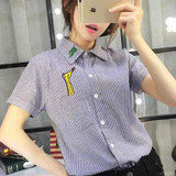 3D Cat Embroidery Blouse Shirt Female Cotton Linen Stripe Blouse 2017 New Summer Cute EYE/DEER Cartoon Shirts Women Tops Ladies