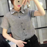 3D Cat Embroidery Blouse Shirt Female Cotton Linen Stripe Blouse 2017 New Summer Cute EYE/DEER Cartoon Shirts Women Tops Ladies