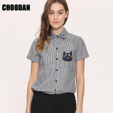 3D Cat Embroidery Blouse Shirt Female Cotton Linen Stripe Blouse 2017 New Summer Cute EYE/DEER Cartoon Shirts Women Tops Ladies