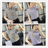3D Cat Embroidery Blouse Shirt Female Cotton Linen Stripe Blouse 2017 New Summer Cute EYE/DEER Cartoon Shirts Women Tops Ladies