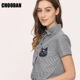 3D Cat Embroidery Blouse Shirt Female Cotton Linen Stripe Blouse 2017 New Summer Cute EYE/DEER Cartoon Shirts Women Tops Ladies