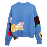 2018 Spring New Fashion Women Sweaters Full Sleeve O-Neck Sequined Blue Pullovers Computer Knitted Pageant C-017