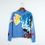 2018 Spring New Fashion Women Sweaters Full Sleeve O-Neck Sequined Blue Pullovers Computer Knitted Pageant C-017