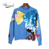 2018 Spring New Fashion Women Sweaters Full Sleeve O-Neck Sequined Blue Pullovers Computer Knitted Pageant C-017