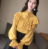 2018 Spring long lantern sleeve stand collar ruffles chiffon shirts women casual loose ruffles blouses women bow tie chiffon top