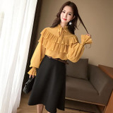 2018 Spring long lantern sleeve stand collar ruffles chiffon shirts women casual loose ruffles blouses women bow tie chiffon top