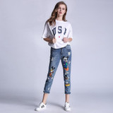 5XL 2017 Fashion High Waist Pencil Boyfriend Jeans Femme Print Mickey Jeans Woman Denim Pants Plus Size Ripped Jeans For Women