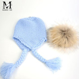 Children Baby Real Raccoon Fur Pompom Beanie Hat Warm Winter Hat Cap Knitted Earflap Natural Fur Ball Hat For Kids Boy Girl