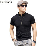Beswlz Summer Men's T-Shirts Short Sleeve Mandarin Collar Cotton Slim Men T Shirts Business Casual Style Men Tops Tees 6951