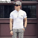Beswlz Summer Men's T-Shirts Short Sleeve Mandarin Collar Cotton Slim Men T Shirts Business Casual Style Men Tops Tees 6951