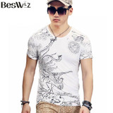 Beswlz Summer Men Printed T-Shirts Short Sleeve O Neck  Men Cotton Slim Print Pattern Casual T Shirts Men Tops Tees 6803