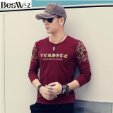 Beswlz Men Tops T-Shirts Long Sleeve O Neck Spring Autumn Letter Pattern Print Cotton Slim Men T Shirts Casual Tops Tees 5811