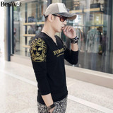 Beswlz Men Tops T-Shirts Long Sleeve O Neck Spring Autumn Letter Pattern Print Cotton Slim Men T Shirts Casual Tops Tees 5811