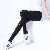 BerylBella Women Jeans 2017 Summer Style White Hole Ripped High Waist Stretch Pencil Pants Capris Female Skinny Casual Jeans