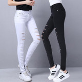 BerylBella Women Jeans 2017 Summer Style White Hole Ripped High Waist Stretch Pencil Pants Capris Female Skinny Casual Jeans