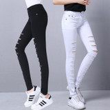 BerylBella Women Jeans 2017 Summer Style White Hole Ripped High Waist Stretch Pencil Pants Capris Female Skinny Casual Jeans