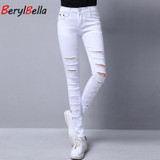 BerylBella Women Jeans 2017 Summer Style White Hole Ripped High Waist Stretch Pencil Pants Capris Female Skinny Casual Jeans