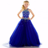 Girls Pageant Dresses 2016 Ball Gown Halter Royal Blue Crystals Rhinestones Cute Little Flower Girl Dresses For Wedding