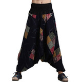 Chinese Style Floral Dance Casual Harem Pants Drop Crotch Tribal Baggy Cotton Linen Loose Fit Casual Vintage Trousers Slacks