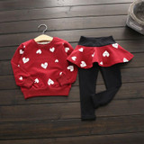 China Baby Girl Suit Autumn Cotton Heart patten Clothing Sets Heart t-Shirt+ Skirt Pants 2-7 Years 2Pcs/Set 3 Color