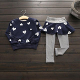 China Baby Girl Suit Autumn Cotton Heart patten Clothing Sets Heart t-Shirt+ Skirt Pants 2-7 Years 2Pcs/Set 3 Color