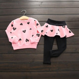China Baby Girl Suit Autumn Cotton Heart patten Clothing Sets Heart t-Shirt+ Skirt Pants 2-7 Years 2Pcs/Set 3 Color