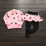China Baby Girl Suit Autumn Cotton Heart patten Clothing Sets Heart t-Shirt+ Skirt Pants 2-7 Years 2Pcs/Set 3 Color
