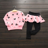 China Baby Girl Suit Autumn Cotton Heart patten Clothing Sets Heart t-Shirt+ Skirt Pants 2-7 Years 2Pcs/Set 3 Color