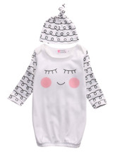 Childrne kids New Arival Boys Girls Sleepwear Cotton Sleepy Eyes Rosy Cheeks Outfit Baby Gown Hat Infant Newborn Gift 2pcs Set